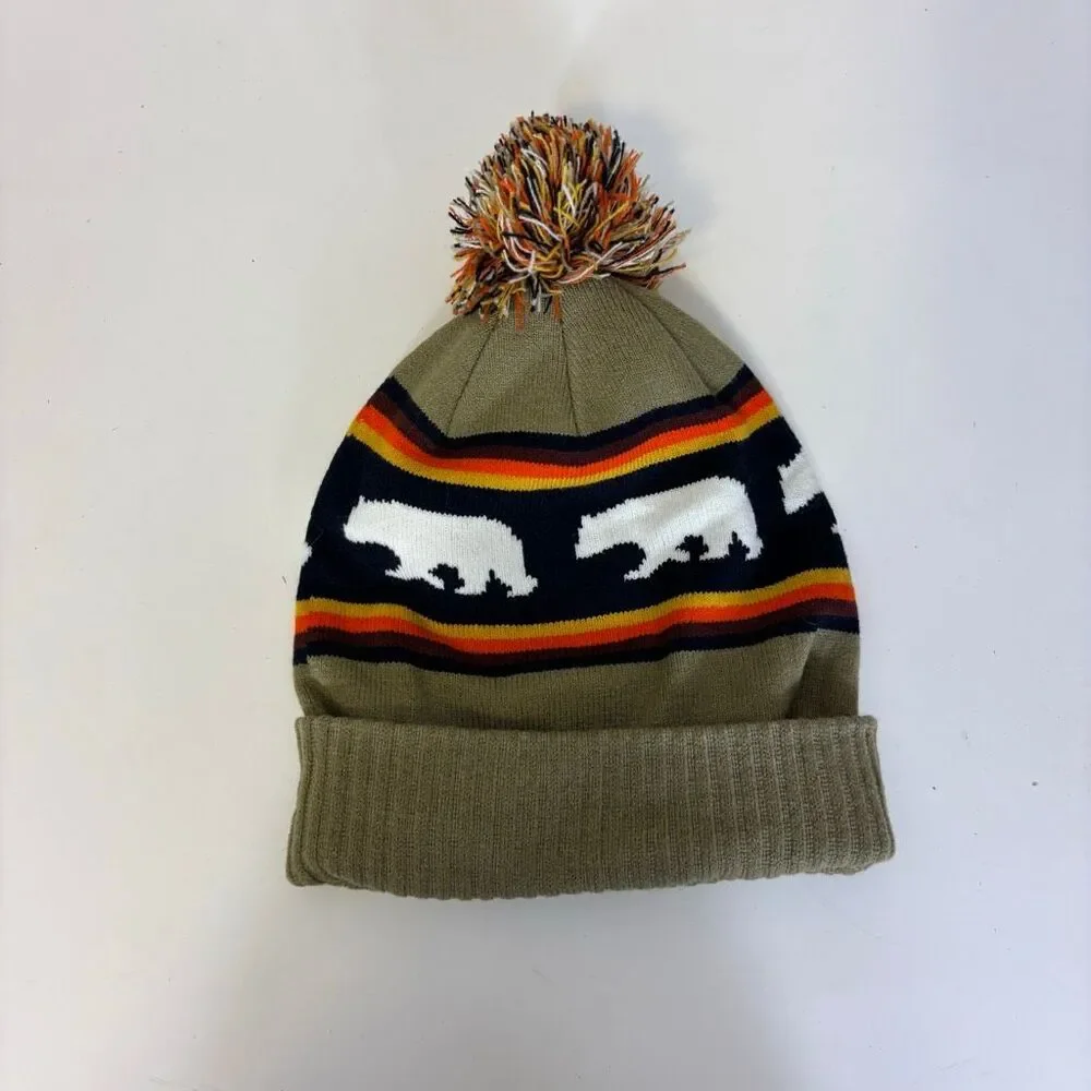 Kavu Light Brown with Bear Print Pom Pom Winter‎ Cuffed Hat Unisex